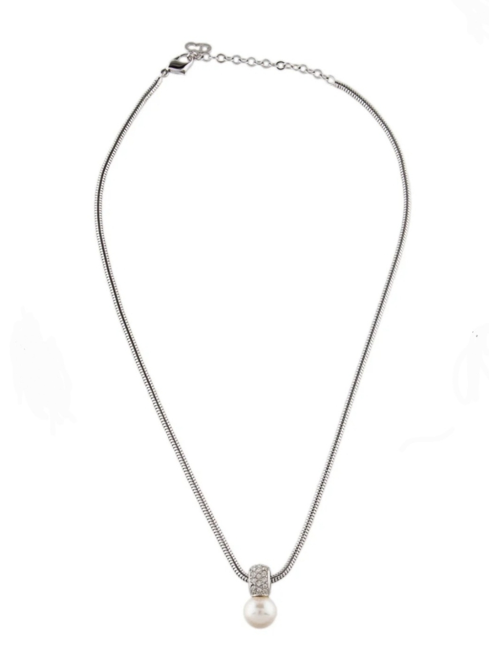 Dior Silver Chain Necklace with White Pearl and Pave Accent - Picture 2 of 3
